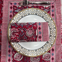 Nappe ronde en coton pur à imprimé botanique Médaillon Rouge avec bordure pour la décoration de table de salle à manger ou de fête
