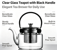 Théière classique carrée à côtés droits en verre borosilicate lisse, avec poignée en métal noir, faite à la main, écologique et durable