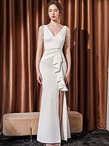New Women Sexy Party Dress Evening Woman <strong>Red</strong> White <strong>Black</strong> Pleated V-Neck Beading Prom Dresses Evening <strong>Gowns</strong> - Product Image 2