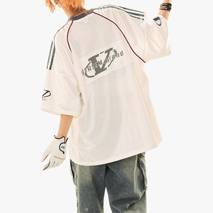 T-shirt ample unisexe en maille style rugby, manches courtes, pour femme, style sportif vintage, idéal pour l'été, style preppy - Product Image 1