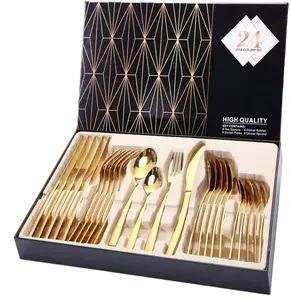 BRILLIANT 24-Piece Stainless Steel Flatware Set With Titanium Gold Plated Golden Color Cutlery Set