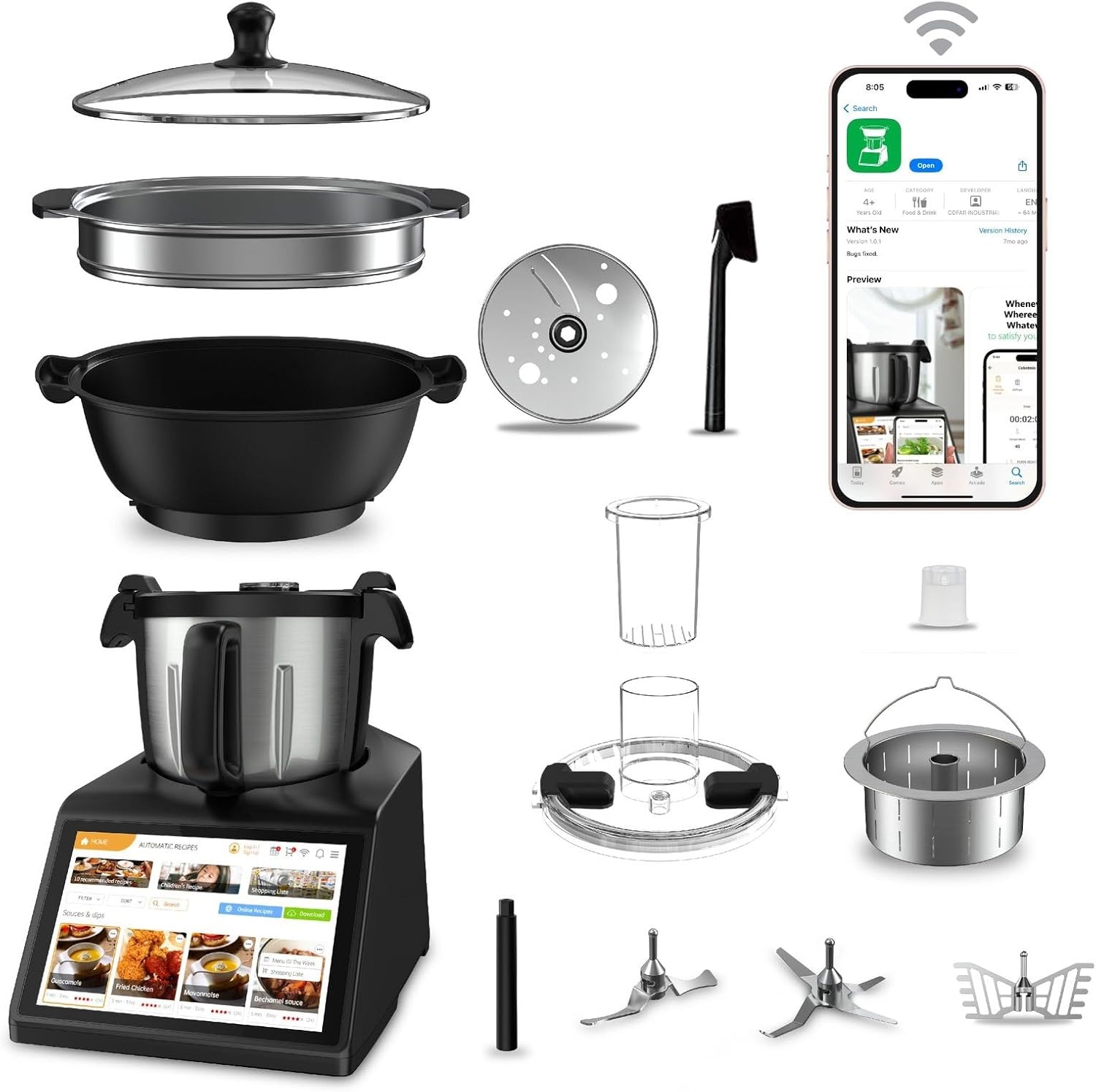 1800W Smart Cooking Machine Food Processor with 7 inch Touchscreen 4.5L Stainless Steel Bowl 12 Speeds Heating Blender
