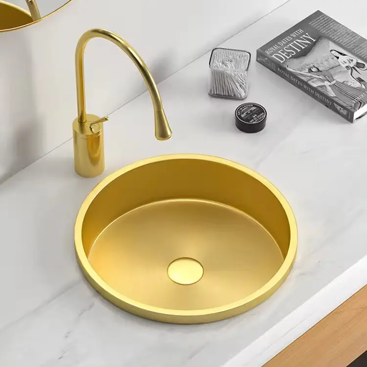 High Quality Durable Modern Under Counter Basin 304 Stainless Steel Gold Round Single Bowl Sink For Bathroom