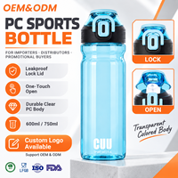 Bouteille d'eau sport personnalisée pour PC, 600 ml, 750 ml, anti-fuite, avec couvercle verrouillable, en polycarbonate transparent, OEM ODM