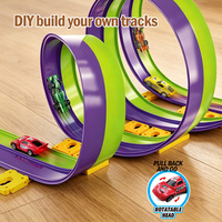 Circuit de course triple boucle 360° de 5 m, violet et vert, double piste de cascades avec 4 voitures à rétrofriction, lanceur de vitesse, jouets cadeaux pour garçons