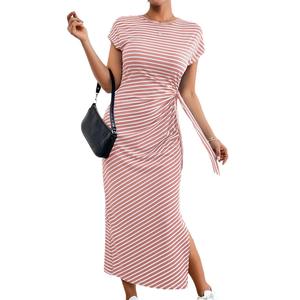 Nouvelle Robe Midi d'Été Respirante Coupe Droite Taille Haute Col Rond Fendue avec Lacets - Product Image 4