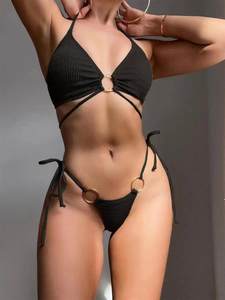 Seksi Push Up Üçgen Brezilya Tanga Çizgili Bikini Sırtı Açık Kesik Hızlı Kuruyan <span class=keywords><strong>2</strong></span> Parça Set Mayo Plaj Giysisi - Product Image 1