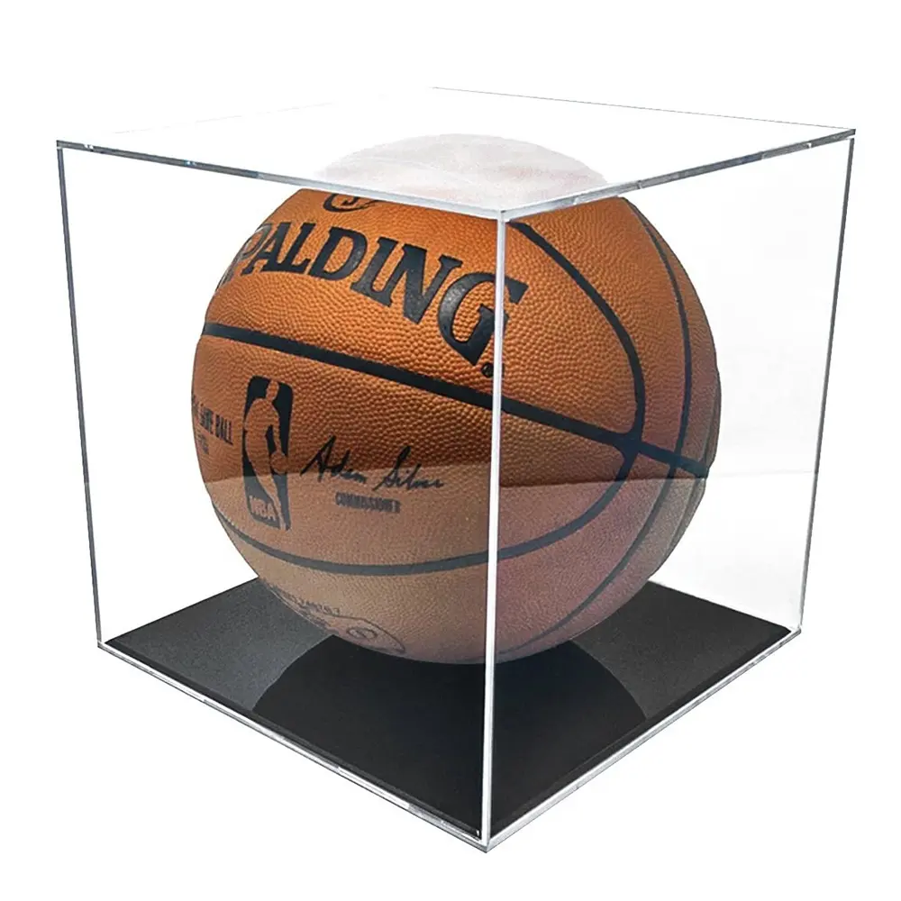 Custom Cube Clear Cover Black Base Pmma Plexiglas Acryl Voetbal Rugby Ball Basketball Standbox Voetbal Vitrine