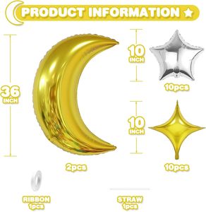 Ensemble de ballons en feuille d'aluminium Or Argent Lune Étoile, ballons en latex à cinq et quatre branches, fournitures pour fête prénatale et anniversaire - Product Image 6