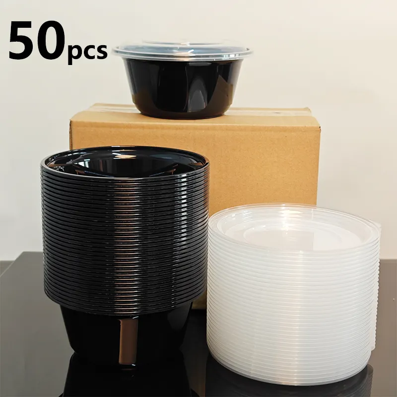 Prêt à expédier 37 OZ Bol rond noir en plastique PP allant au micro-ondes avec couvercle 1100 ml Récipient alimentaire jetable pour sauce à soupe chaude