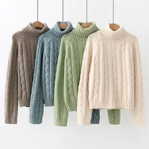 फैक्टरी थोक उच्च गुणवत्ता बंद गले स्वेटर महिलाओं ठोस रंग लघु मोड़ एक्रिलिक बुनना स्वेटर स्वेटर