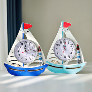 Mediterranean Sailboat Desk <b>Clock</b> Wooden Decorative <b>Clock</b> With Lighthouse And Seashell Blue <b>White</b> Design - Product Image 3