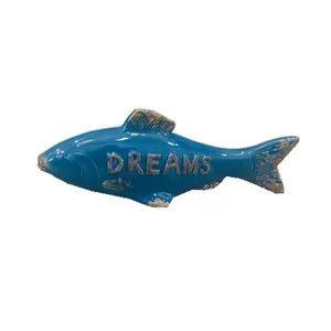 自定义瓷蓝鱼摆件; 陶瓷工艺品鱼雕像家居装饰蓝色梦想Word浮雕鱼雕像