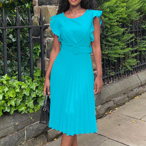 Abito Estivo da Donna con Maniche a Volant, Tinta Unita, Plissettato, Elegante e Semplice per Ufficio, con Cintura - Product Image 2