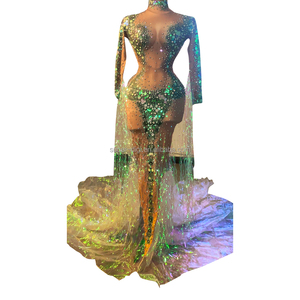 <span class=keywords><strong>Vestido</strong></span> largo sexi de sirena con lentejuelas y diamantes de imitación para mujer, disfraz de <span class=keywords><strong>Drag</strong></span> <span class=keywords><strong>Queen</strong></span> para escenario, <span class=keywords><strong>vestido</strong></span> de noche con borlas de cristal Nude - Product Image 2