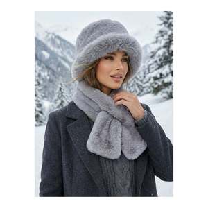 Women's Grey 2-Piece <b>Set</b> Plush Bucket <b>Hat</b> Neck Warmer <b>Scarf</b> Set02 - Anthracite - Product Image 2