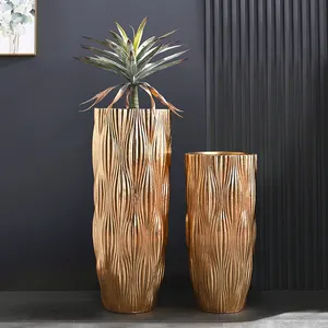 2024 New Coming Golden Cylinder Vases Wholesale 90cm Luxury Gold Floor Vase Large Home Decor 36 Inch Tall Fiberglass Planters