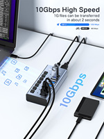 Hub USB 3.2 alimenté 10 Gbit/s, 7 ports USB-A, répartiteur de données, adaptateur CC 24 W, interrupteurs individuels, LED, gris fer, aluminium HS-707MG-10G, en stock