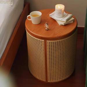 Mesa Auxiliar Redonda de Ratán con Almacenamiento, Color Madera Natural, Mesa de Centro para Sala de Estar, Mesa Auxiliar para Sofá, Taburete para Dormitorio - Product Image 5