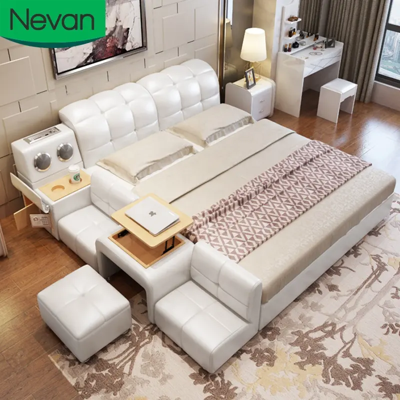 Bedroom furniture adult new model luxury fashion design king size smart modern leather bed with sofa