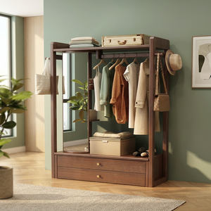 Modern Solid Wood Coat Rack with Mirror <b>Shelves</b> <b>Hooks</b> Freestanding Storage for Bedroom Living Room Furniture - Product Image 4