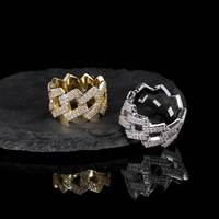 Fulsun Messing Vergoldeter Gewebter Kubanischer Kettenring Voll Besetzt mit Klaren Zirkonia Breiter Massiver Unisex Hip-Hop Fingerschmuck