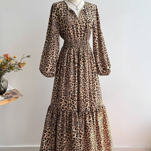 Abito a maniche lunghe in poliestere a stampa leopardata, nuovo stile, vestibilità ampia, linea ad A; Abito lungo scollo a V per vacanze; Stile francese - Product Image 4