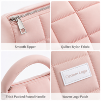 Pochette à maquillage matelassée en polyester, poignée souple, grande capacité, rose, organiseur de cosmétiques léger pour femmes et filles, logo personnalisé