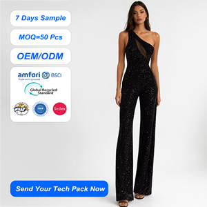 SHENGFU - Mono de lentejuelas negro sexy con un solo hombro y pierna ancha transparente para mujer, fabricantes de moda - Product Image 1
