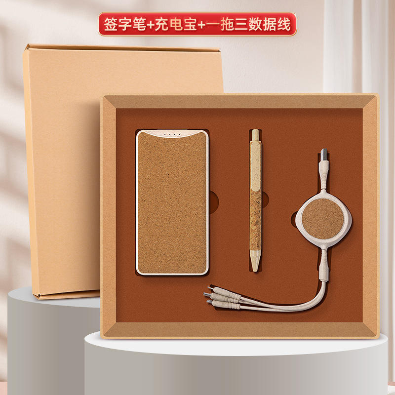 [Ensemble exclusif en liège de trois pièces] Câble de données, stylo, batterie externe et boîte en grain de bois 2F