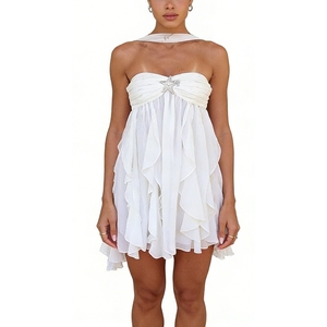 ชุดเดรสชีฟองลายดอกไม้สำหรับผู้หญิง - ชุดเดรสสั้นเปิดหลังแต่งระบายแบบอสมมาตรแฟชั่น - Product Image 2