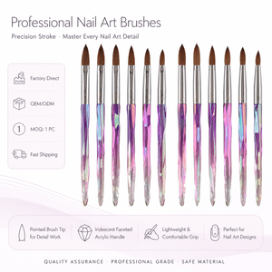 Pinceau à ongles en acrylique Kolinsky personnalisable, manche irisé violet cristal, pour salon, maison, manucure DIY, extension d'ongles, sculpture - Product Image 1