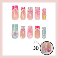 24 faux ongles transparents rose macaron à presser, avec fleurs 3D et strass, pour manucure printemps-été