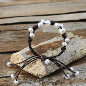 <span class=keywords><strong>Bracciale</strong></span> Unisex in Vera Pelle Intrecciata con <span class=keywords><strong>Perle</strong></span> Naturali d'Acqua Dolce Stile Retrò - Product Image 5