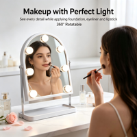 Miroir de maquillage LED personnalisé avec logo sur mesure OEM ODM, finition argentée en métal, 3 modes de couleur, lumières à intensité réglable, USB