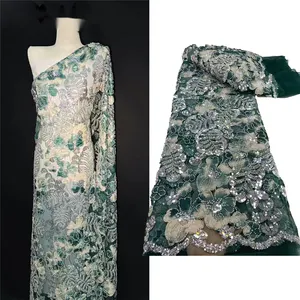 NI.AI china factory price satin designs heavy Green color beaded lace fabric beaded embroidered fabric wedding LY4370