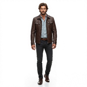 Blouson moto en cuir marron gaufré pour homme, col rabattu, fermeture éclair, coupe classique, couleur unie, idéal pour l'automne - Product Image 4