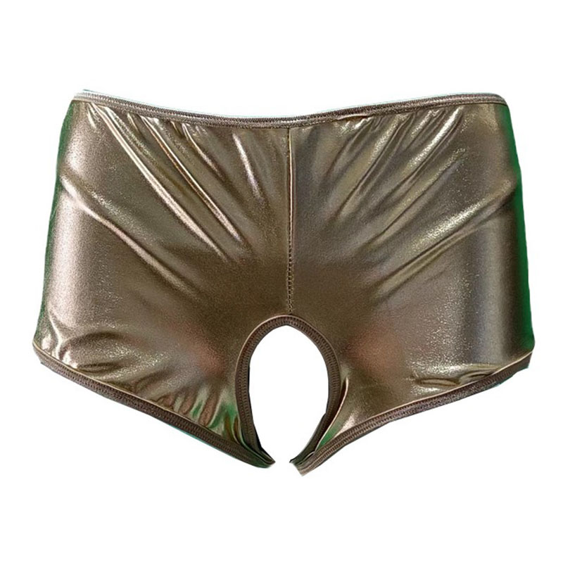 Gold latex crotchless underwear short panties
