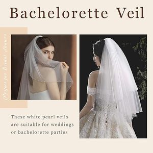 Lace Pearl Edge Wedding <strong>Veil</strong> 2 Tier Beaded Bridal <strong>Veils</strong> Fingertip Length White Double Layer Pearl <strong>Veil</strong> with Comb - Product Image 5