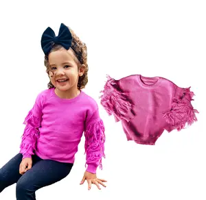 免费送货女婴粉色流苏袖套毛衣儿童时尚流苏针织毛衣秋季舒适套头衫