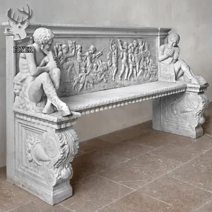 Large Garden Stone Carving Bench Outdoor Indoor Hand Carved White Marble Bench With Back For Sale