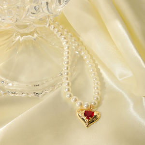 Collar de Perlas con Colgante de Corazón Clásico en Acero Inoxidable Chapado en Oro de 18K con Circonita Roja Rosa para Mujer, para el Día de San Valentín - Product Image 3