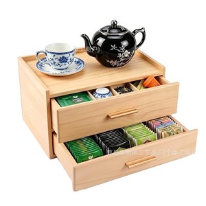 Wooden <b>Tea</b> Storage <b>Box</b> Double Drawer Cabinet Desktop Organizer For <b>Tea</b> Bags And Accessories Rectangle Shape Standing Type - Product Image 5