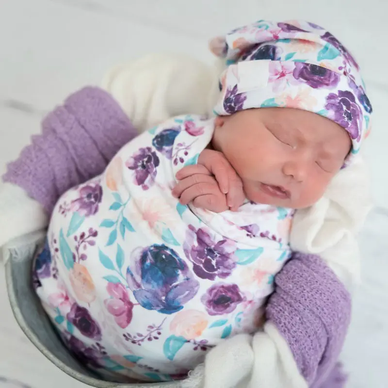 Newborn Swaddle Blanket Set Hat Headband Flower Printed Towel Baby Wrap Wholesale 100% Organic Muslin Bamboo 4 Pac