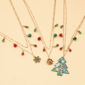 Collier de Noël cloche et flocon de neige en alliage de zinc, double couche, bijoux de fête avec strass et pendentif arbre - Product Image 1