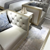 Ensemble de canapés en bois massif de luxe pour salon d'appartement, style traditionnel arabe turc, canapé en cuir finition dorée, meubles haut de gamme