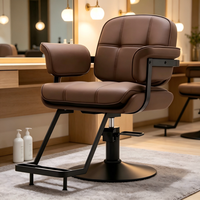Fauteuil de Barbier Hydraulique Inclinable en Cuir Marron avec Cadre Métallique Noir, Pivotant et Réglable, Design Moderne pour Salon et Salle de Séjour