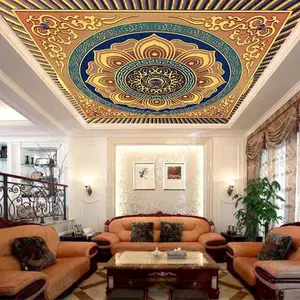 天井天井壁紙ゴールデンパターン壁紙ロータスシート壁画エスニックスタイルホテルベッドルーム8d壁掛け