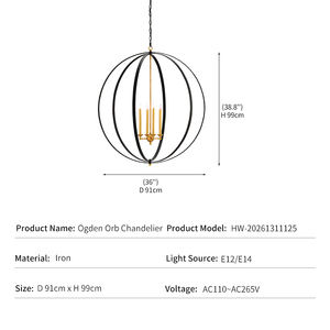 Lámpara de Araña Vintage Estilo Rústico para Pasillo, de Hierro Negro y Metal Dorado, LED, 4 Luces, Esfera de Jaula, Modelo Ogden Orb - Product Image 4