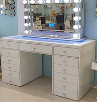 Guanding Table de toilette contemporaine en verre blanc effet miroir disco, 13 tiroirs, haut-parleur Bluetooth, miroir de maquillage pour salon